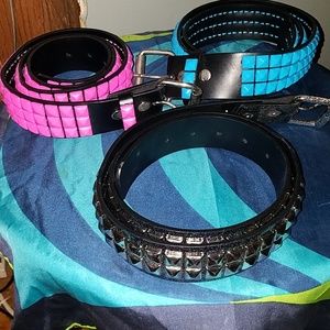 Pyramid studded belts pink, blue and black holo